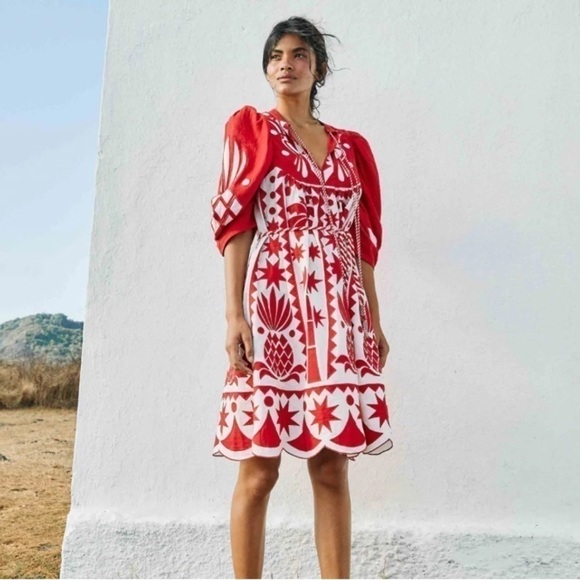 Farm Rio Red Tropical Cutwork Midi New with tags Red White Embroidered Dress NWT